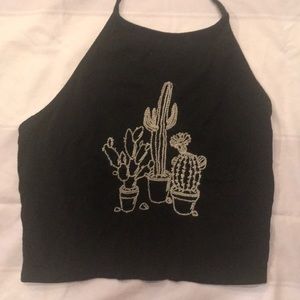 Black halter top with embroidered cacti